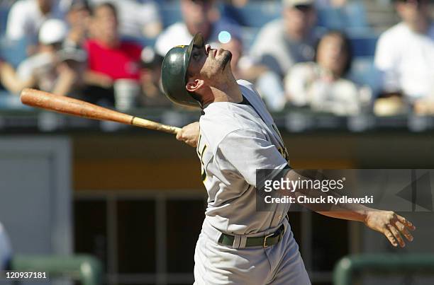 Oakland Athletics DH, Jason Kendall, batting during the game against the Chicago White Sox at U.S. Cellular Field in Chicago, Illinois July 10, 2005....