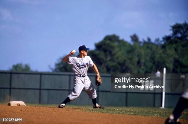 Don Zimmer of the Brooklyn Dodgers gets ready to throw the ball to first during an MLB Spring Training game against the Milwaukee Braves circa March,...