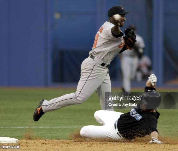 Baltimore Orioles shortstop Miguel Tejada completes a double play over a sliding Shea Hillebrand in MLB action at the Rogers Centre in Toronto on...