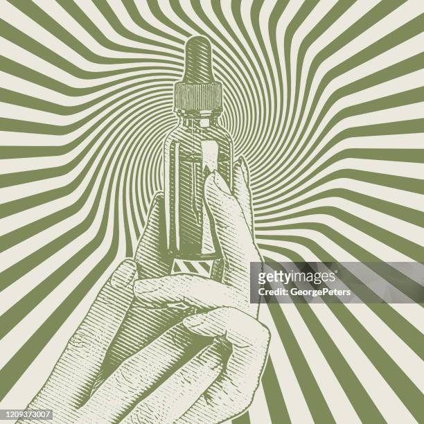 hands holding cbd oil bottle and pipette - cannabis oil stock illustrations