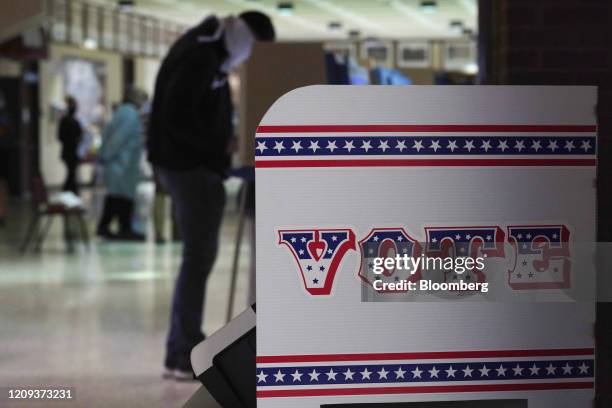 Voting booth sits at a polling station in Milwaukee, Wisconsin, U.S., on Tuesday, April 7, 2020. Wisconsin proceeded with its primary on Tuesday and...