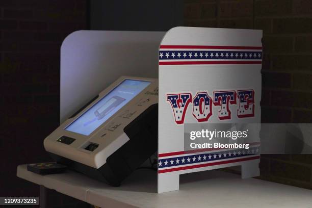 Voting booth sits at a polling station in Milwaukee, Wisconsin, U.S., on Tuesday, April 7, 2020. Wisconsin proceeded with its primary on Tuesday and...