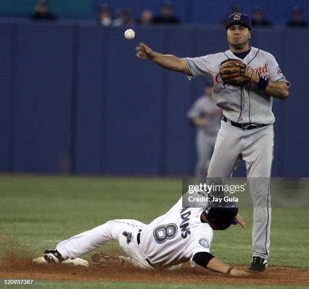 Cleveland Indians SS Jhonny Peralta throws over Toronto's Russ Adams to complete a double play vs the Toronto Blue Jays in MLB action at Rogers...