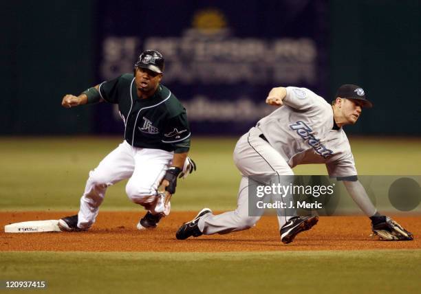 Tampa Bay's Carl Crawford steal second as Toronto's John McDonald takes the throw during Wednesday night's game at Tropicana Field in St. Petersburg,...