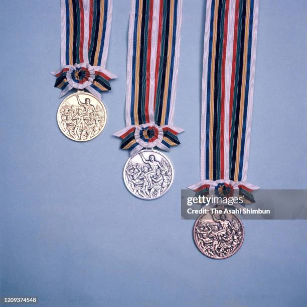 Tokyo Olympic Games medals are displayed on September 20, 1964 in Tokyo, Japan.