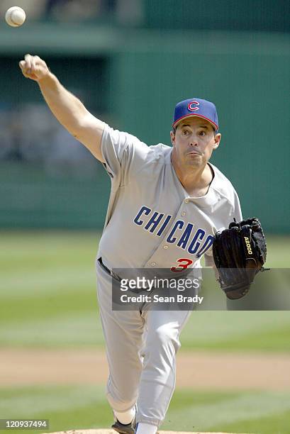 Chicago Cubs pitcher Greg Maddux in action against the Pittsburgh Pirates at PNC Park in Pittsburgh, Pennsylvania on April 17, 2005.