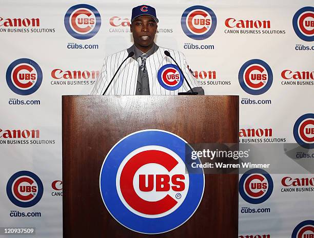 All-Star, Alfonso Soriano, newly signed by the Chicago Cubs, sporting the fifth-largest contract in the Major Leagues, meets the Chicago media in the...