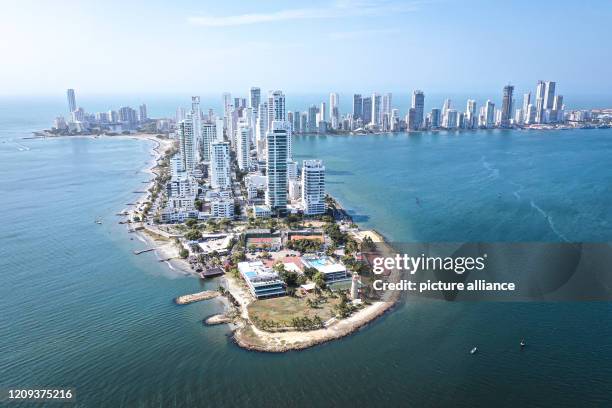 March 2020, Colombia, Cartagena: The drone picture shows the bay of Cartagena. The strict measures to contain the coronavirus have a positive effect...