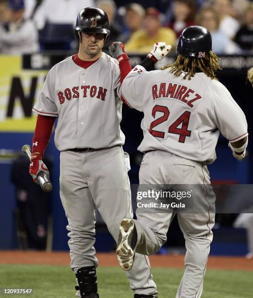 Boston's Manny Ramirez is congratulated by Trot Nixon after slugging his 1st HR of the season in MLB action at Rogers Centre in Toronto between the...