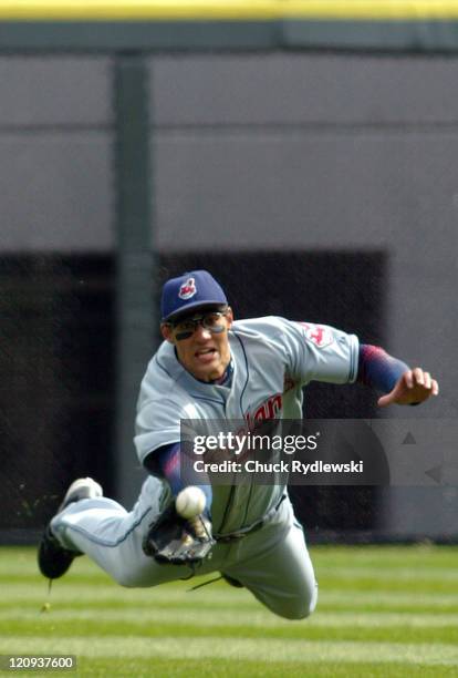 Cleveland Indians' Centerfielder, Grady Sizemore, makes a diving attempt but can't catch Tadahito Iguchi's single during the game against the Chicago...