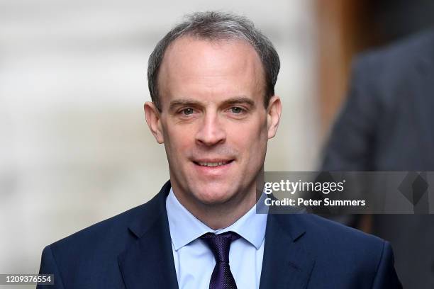 Foreign Secretary Dominic Raab arrives at 10 Downing Street for today's C-19 committee meeting on April 8, 2020 in London, England. Prime Minister...