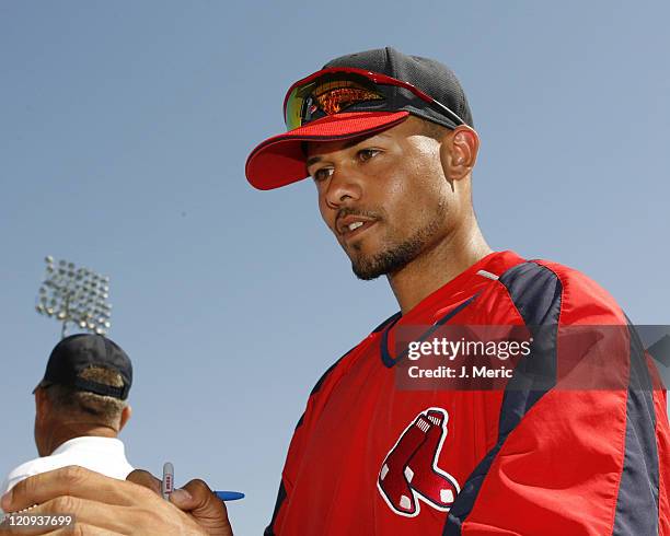 Boston's Coco Crisp signs autographs prior to Saturday's game against the Pittsburgh Pirates at City of Palms Park in Ft. Myers, Florida on March 4,...