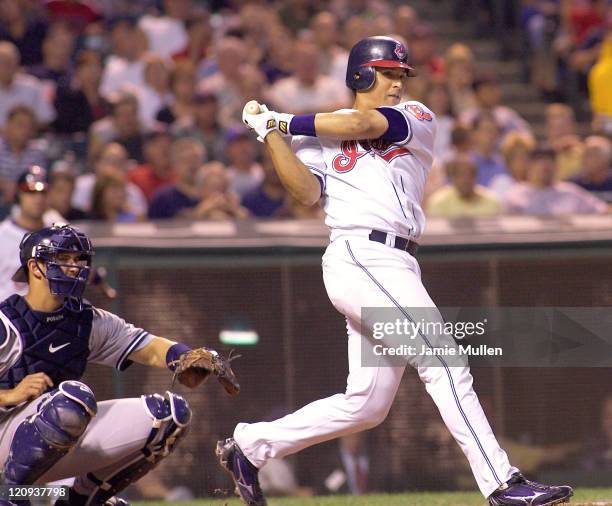 Cleveland Indians' catcher Victor Martinez bats during the game against the New York Yankees Monday August 23, 2004 in Jacobs Field in Cleveland,...
