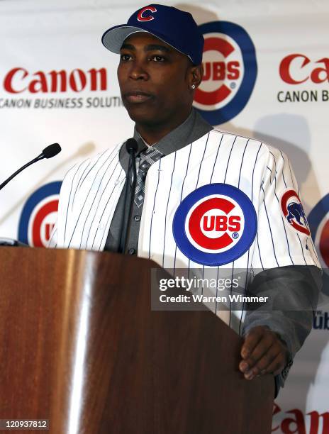 All-Star, Alfonso Soriano, newly signed by the Chicago Cubs, sporting the fifth-largest contract in the Major Leagues, meets the Chicago media at the...