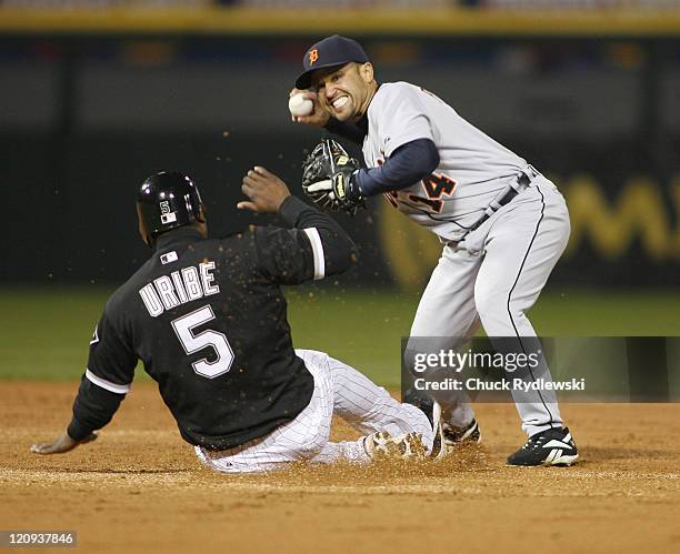 Detroit Tigers' 2nd Baseman, Placido Polanco turns a double play during their game versus the Chicago White Sox April 25, 2007 at U.S. Cellular Field...