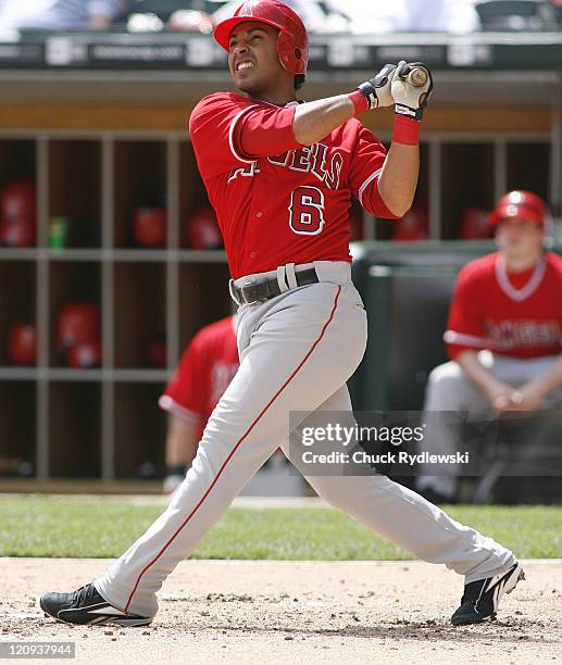 Los Angeles Angels' 2nd Baseman, Maicer Izturis watches the flight of his 4th inning home run during their game versus the Chicago White Sox April...