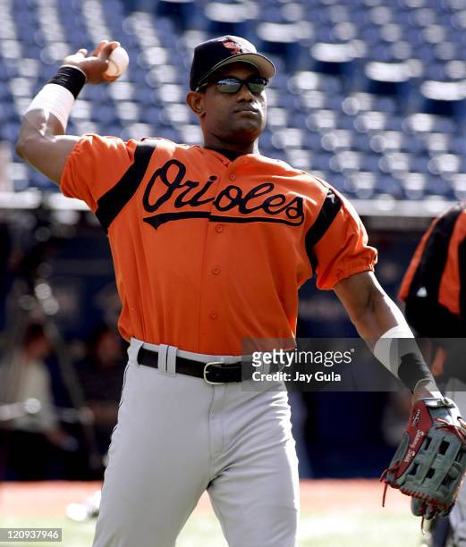 Baltimore outfielder Sammy Sosa warms up prior to the game between the Baltimore Orioles and the Toronto Blue Jays at the Rogers Centre in Toronto,...