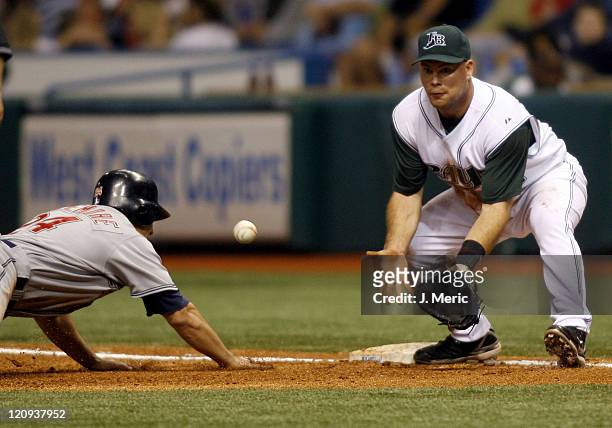 Tampa Bay's Ty Wigginton awaits the throw as Cleveland's Grady Sizemore gets safely back to first during Friday night's action at Tropicana Field in...