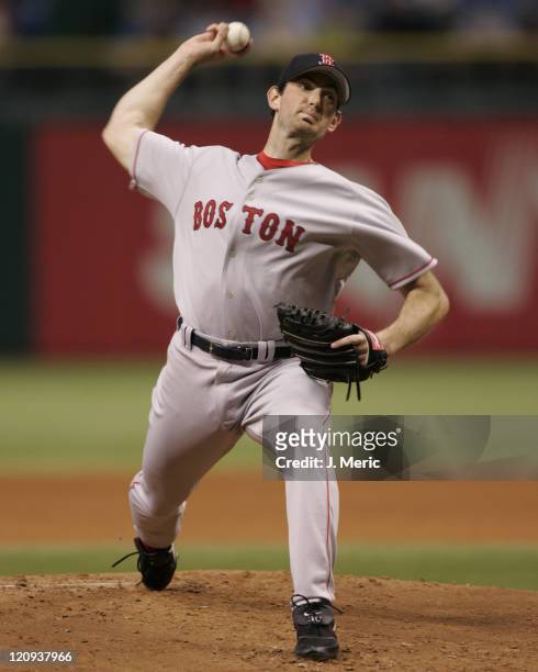Boston pitcher Matt Clement makes this pitch during Friday night's game against Tampa Bay at Tropicana Field in St. Petersburg, Florida on April 28,...