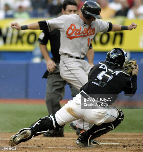 Baltimore Orioles David Newhan is tagged out at home by Toronto catcher Greg Zaun in MLB action at the Rogers Centre in Toronto on June 23, 2005.