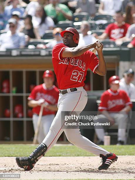 Los Angeles Angels' DH, Vladimir Guerrero watches the flight of his 4th inning home run during their game versus the Chicago White Sox April 29, 2007...