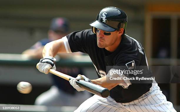 Chicago White Sox' left fielder, Scott Podsednik, lays down a bunt single during their game against the Minnesota Twins August 27, 2006 at U.S....