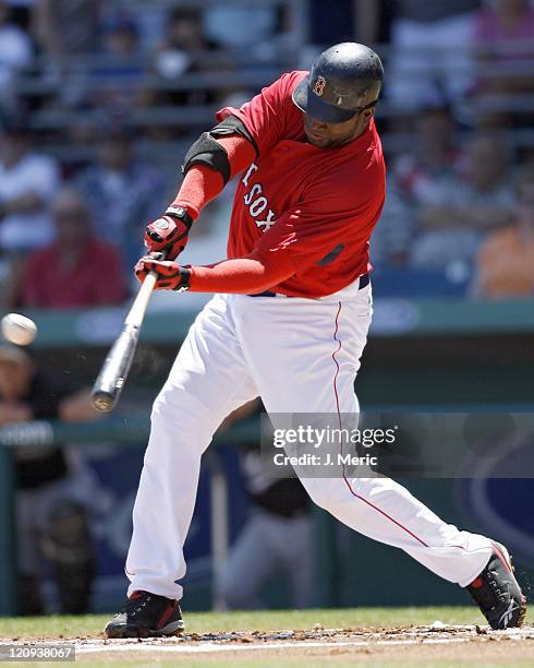 Boston designated hitter David Ortiz looks to make contact on this pitch during Sunday's game against Florida at City of Palms Park in Ft. Myers,...