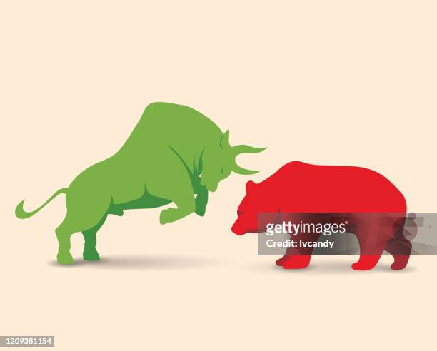 illustrazioni stock, clip art, cartoni animati e icone di tendenza di mercato rialzista vs bear - azioni e partecipazioni