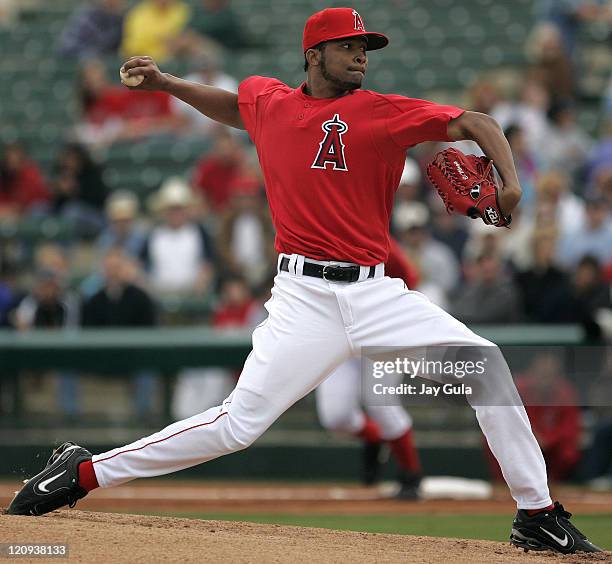 Ervin Santana of the Los Angeles Angels started todays game against the World Champion Chicago White Sox in Tempe, Arizona. March 8, 2006