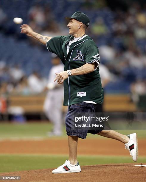 Miami Heat point guard Jason Williams throws out the first pitch in Wednesday night's game between the Tampa Bay Devil Rays and the New York Yankees...