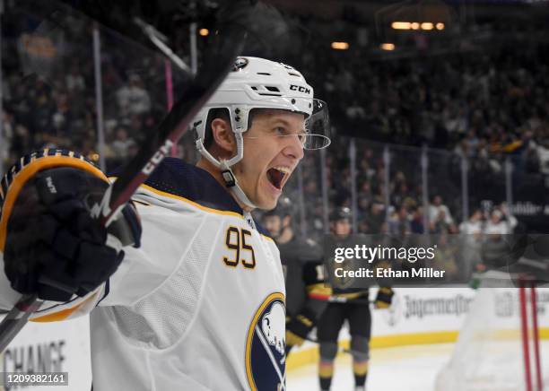 Dominik Kahun of the Buffalo Sabres reacts after scoring a first-period goal against the Vegas Golden Knights during their game at T-Mobile Arena on...