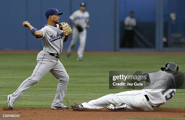 Rafael Furcal of the Los Angeles Dodgers completes a double play over a sliding Alex Rios in action vs the Toronto Blue Jays Rogers Centre in...