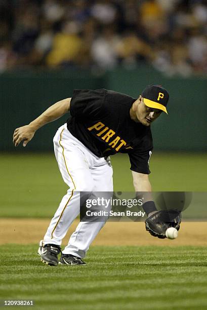 Pittsburgh Pirates Bobby Hill firlds a ground ball during action against the Chicago Cubs at PNC Park in Pittsburgh, Pennsylvania on April 15, 2005.