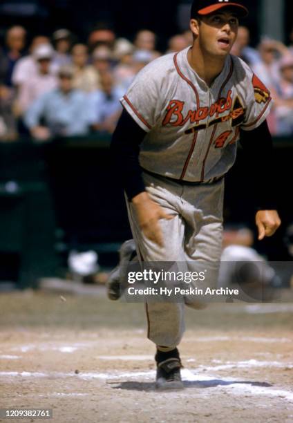 Eddie Mathews of the Milwaukee Braves runs towards first base during an MLB Spring Training game circa March, 1957 in Florida.