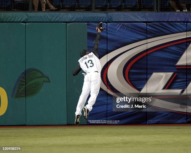 Tampa Bay's Carl Crawford makes a great catch in Monday night's game against the Cleveland Indians at Tropicana Field in St. Petersburg, Florida on...