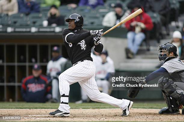 Chicago White Sox' Shortstop, Juan Uribe hits an 8th inning home run off reliever, Dennys Reyes during their game against the Minnesota Twins April...