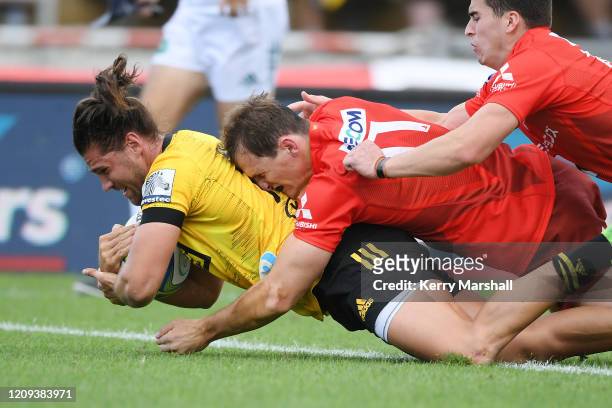 Kobus Van Wyk of the Hurricanes scores a try during the round five Super Rugby match between the Hurricanes and the Sunwolves at McLean Park on...