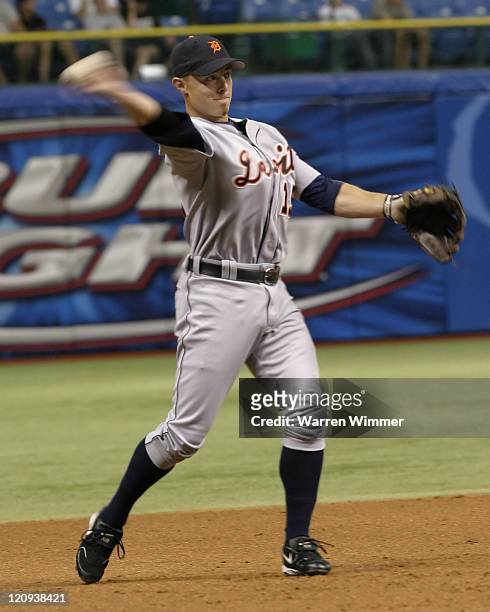 Brandon Inge, of the Detroit Tigers throws to first base on July 9, 2005 against the Tampa Bay Devil Rays at Tropicana Field, Petersburg Fl. The...
