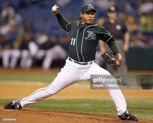 Tampa Bay's Jae Kuk Ryu looks to make a pitch in Friday night's game against Oakland at Tropicana Field in St. Petersburg, Florida on May 4, 2007.