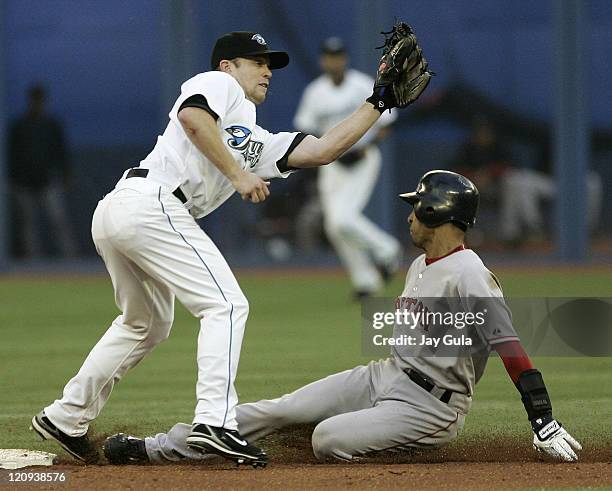 Boston Red Sox Julio Lugo slides in to 2nd base safely ahead of the tag from Toronto 2B Aaron Hill in MLB action vs the Toronto Blue Jays at the...