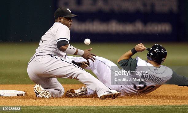 Chicago White Sox shortstop Juan Uribe cannot handle the throw as Tampa Bay Devil Rays catcher Dioner Navarro slides safely into second on Monday...