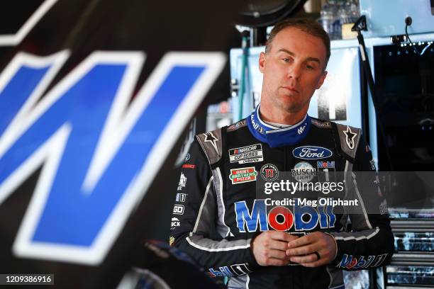 Kevin Harvick, driver of the Mobil 1 Ford, prepares for practice at Auto Club Speedway on February 28, 2020 in Fontana, California.