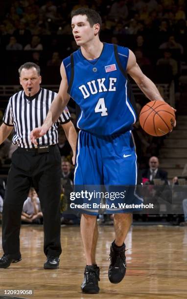 Duke guard J.J. Redick brings the ball up court in the closing minutes of the Blue Devils 82-64 win over Wake Forest at the LJVM Coliseum in...