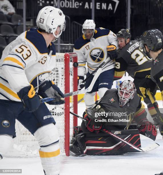 Jeff Skinner of the Buffalo Sabres scores a third-period goal against Robin Lehner of the Vegas Golden Knights in the third period of their game at...