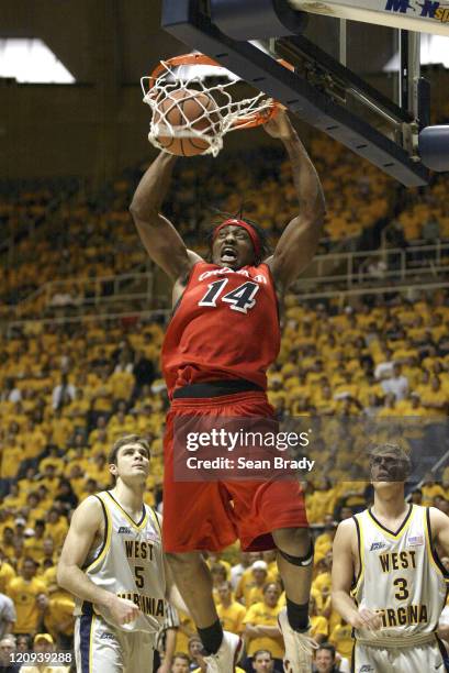 Cincinnati's Eric Hicks slams during action against West Virginia at the WVU Coliseum on February 4, 2006 in Morgantown, West Virginia.