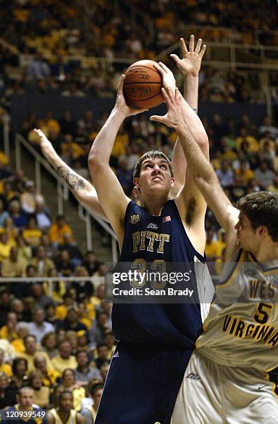 Pittsburgh's Aaron Gray goes up for 2 points against West Virginia during action at the WVU Coliseum in Morgantown, West Virginia on February 27,...