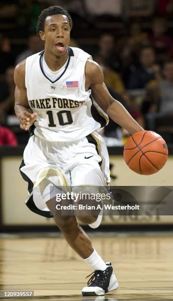 Wake Forest freshman point guard Ishmael Smith pushes the ball up court during second half action versus Richmond at the LJVM Coliseum in...