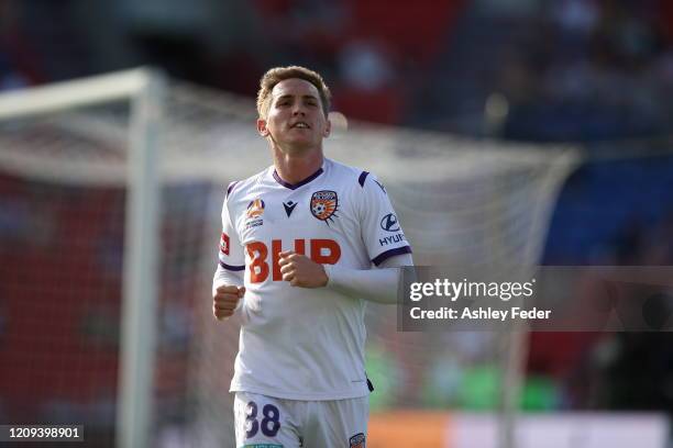 Neil Kilkenny of Perth Glory celebrates his goal during the round 21 A-League match between the Newcastle Jets and the Perth Glory at McDonald Jones...