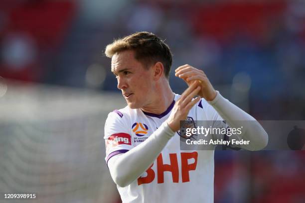 Neil Kilkenny of Perth Glory celebrates his goal during the round 21 A-League match between the Newcastle Jets and the Perth Glory at McDonald Jones...