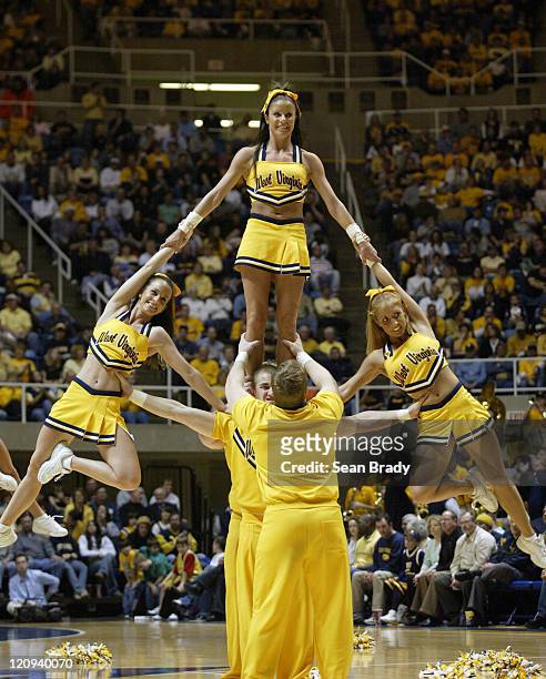 West Virginia Cheerleaders during a timeout in action at the WVU Coliseum on February 4, 2006 in Morgantown, West Virginia.